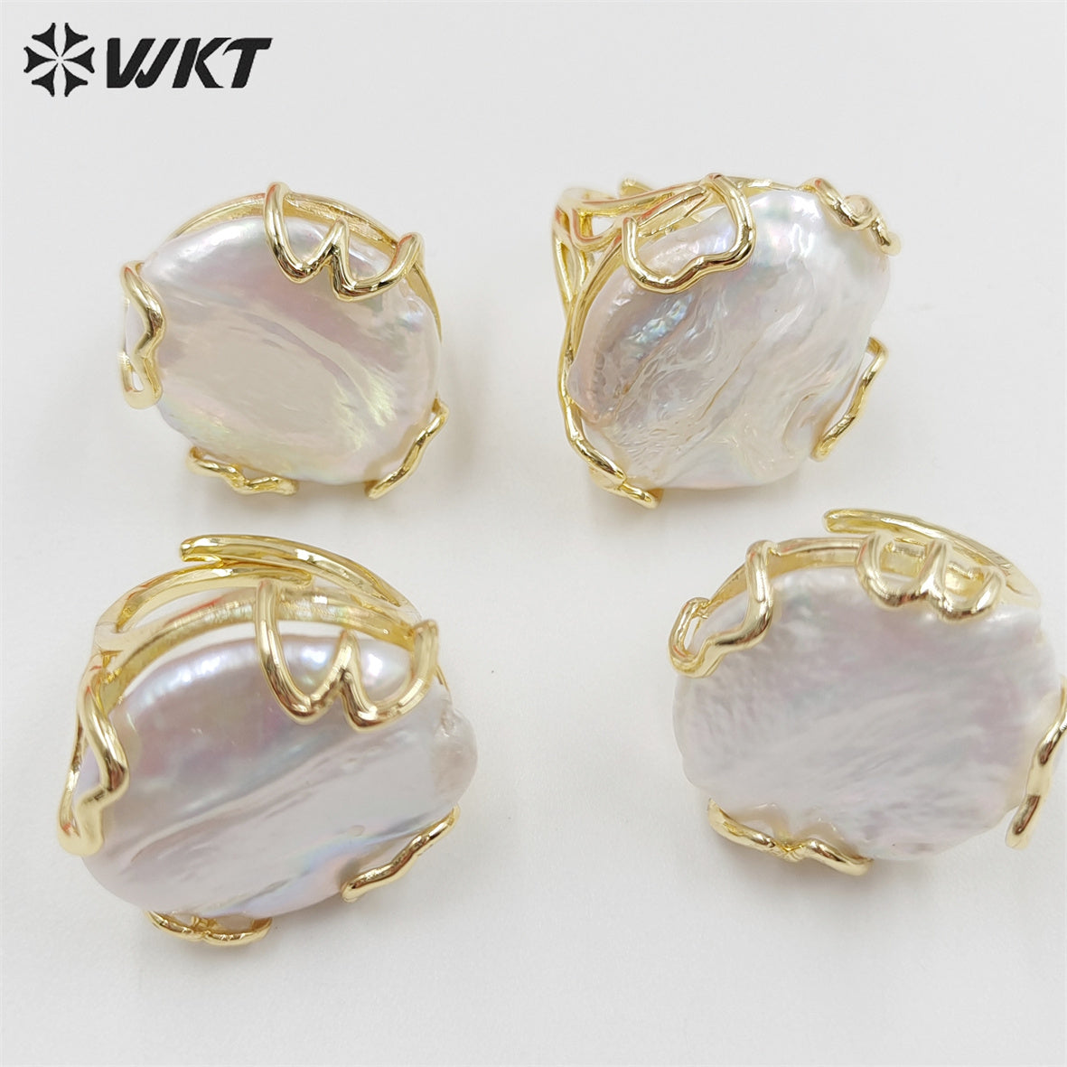 WT-MPR044 WKT Exclusive Gorgeous Handmade Claw Setting Natural Freshwater Pearl Ring Open Size Round Coin Pearl Ring