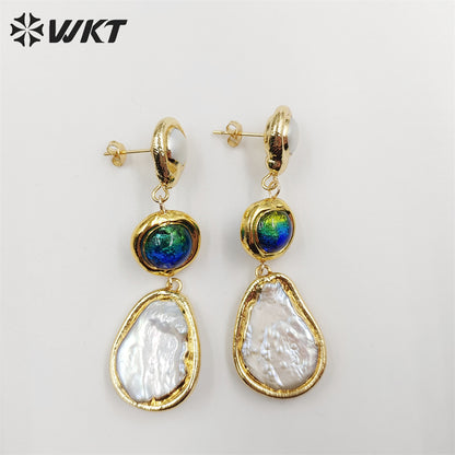 WT-MPE089 Gorgeous Fashion 18K Real Gold Plated Long Drop Freshwater Pearl Women Teardrop Earrings Handmade Dangle Earrings