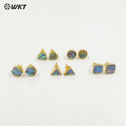 WT-E170 Wholesale Natural Abalone Shell Studs in 18k Real Gold Plated Resist Tarnished Lady Triangle Studs
