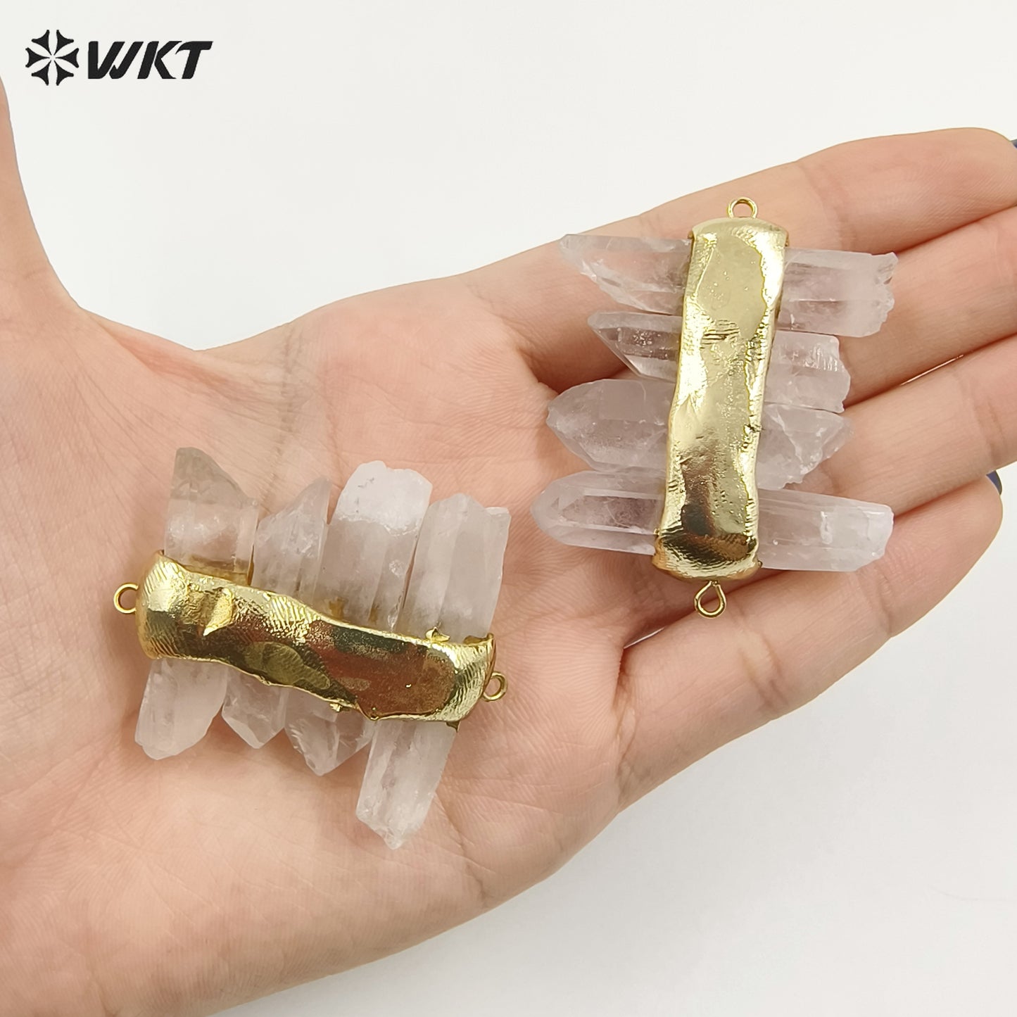 WT-P1612 WKT New Design Gold Electroplated Natural Crystal Quartz Pendant Lady Fashion Double Loops Stone Pendant