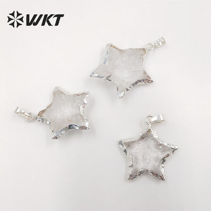 WT-P1326 WKT Wholesale Transparent Raw Crystal Quartz Charm 24k Genuine Gold Plated Pendant Star Shape Women