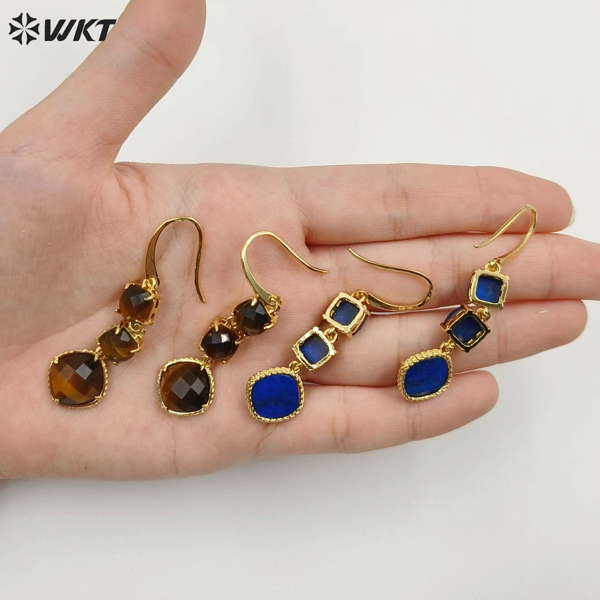WT-E734 Elegant Colorful Gemstone Wire Wrapped Long Charming in Drop Earrings Women Triple Pendant Earrings