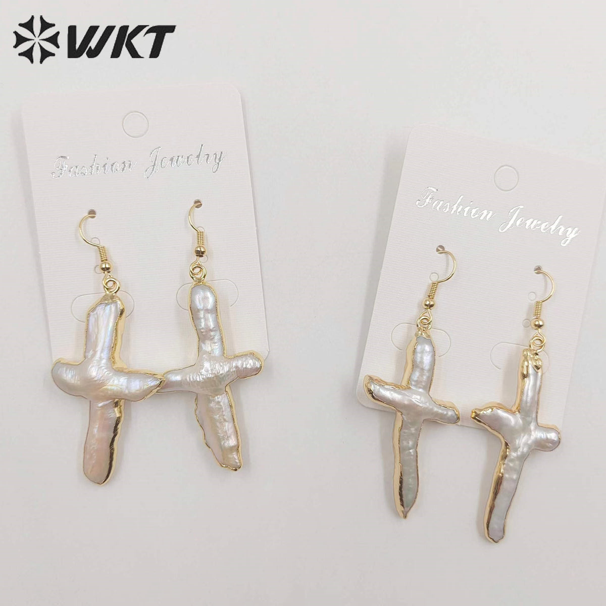 WT-E071 Super Hot Christian Religious Cross Earrings 18k Real Gold Plated Dangle Natural Freshwater Pearl Earrings for Wedding