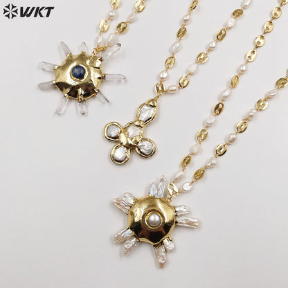 WT-JN248 Wholesale Punk Style  Crystal Quartz/Freshwater Pearl  18 inch Gift For Women   Sun Shaped Gemstone Necklace