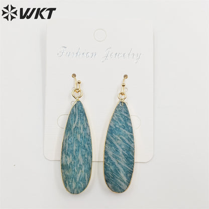 WT-E196 Newest Long Fashion Amazonite Teardrop Earrings, Fashion Gold Plated Stone Teardrop Earrings