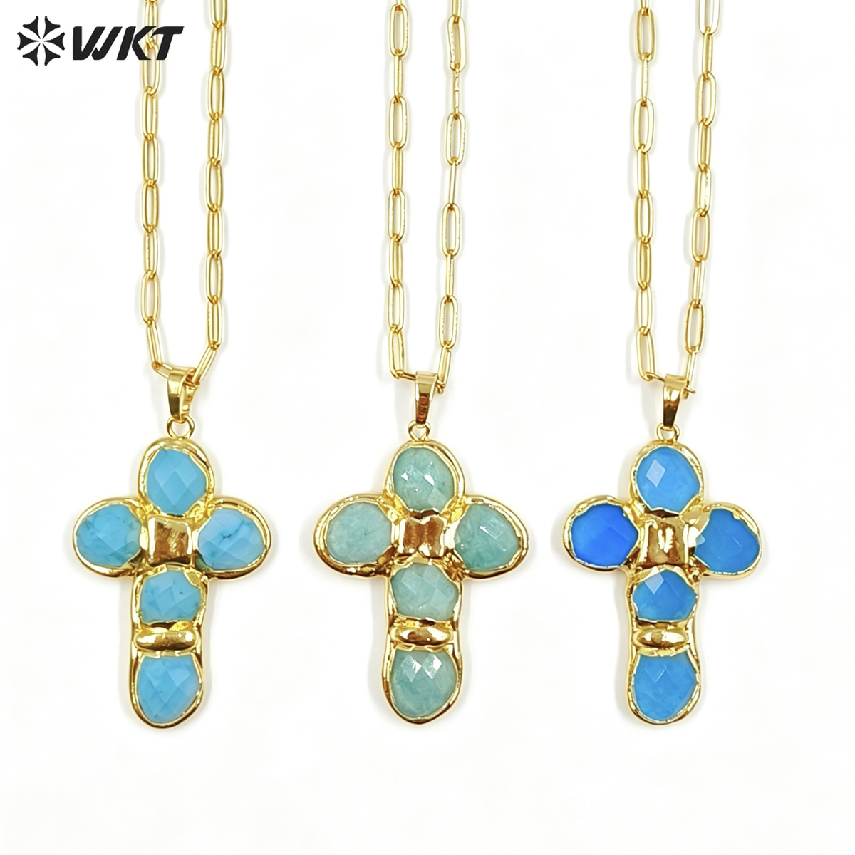 WT-N1543 Factory Wholesale High Quality 18K Gold Plated Natural Gemstone Cross Shape Pendant Necklaces As Women Trendy Jewelry