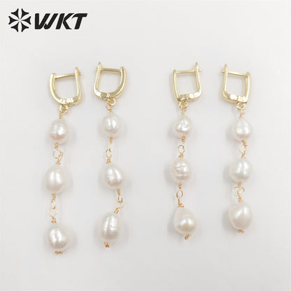 WT-MPE078 New Elegant Triple Freshwater Pearl Beads Make Clasp Earrings Fashion Gold Dangling Wire Wrapped Real Pearl Earrings