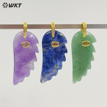 WT-P2061 Amazing Vaious Natural Gemstones And Zircon Carve Feather Shape Pendants As Female Cute Earrings DIY Accessory