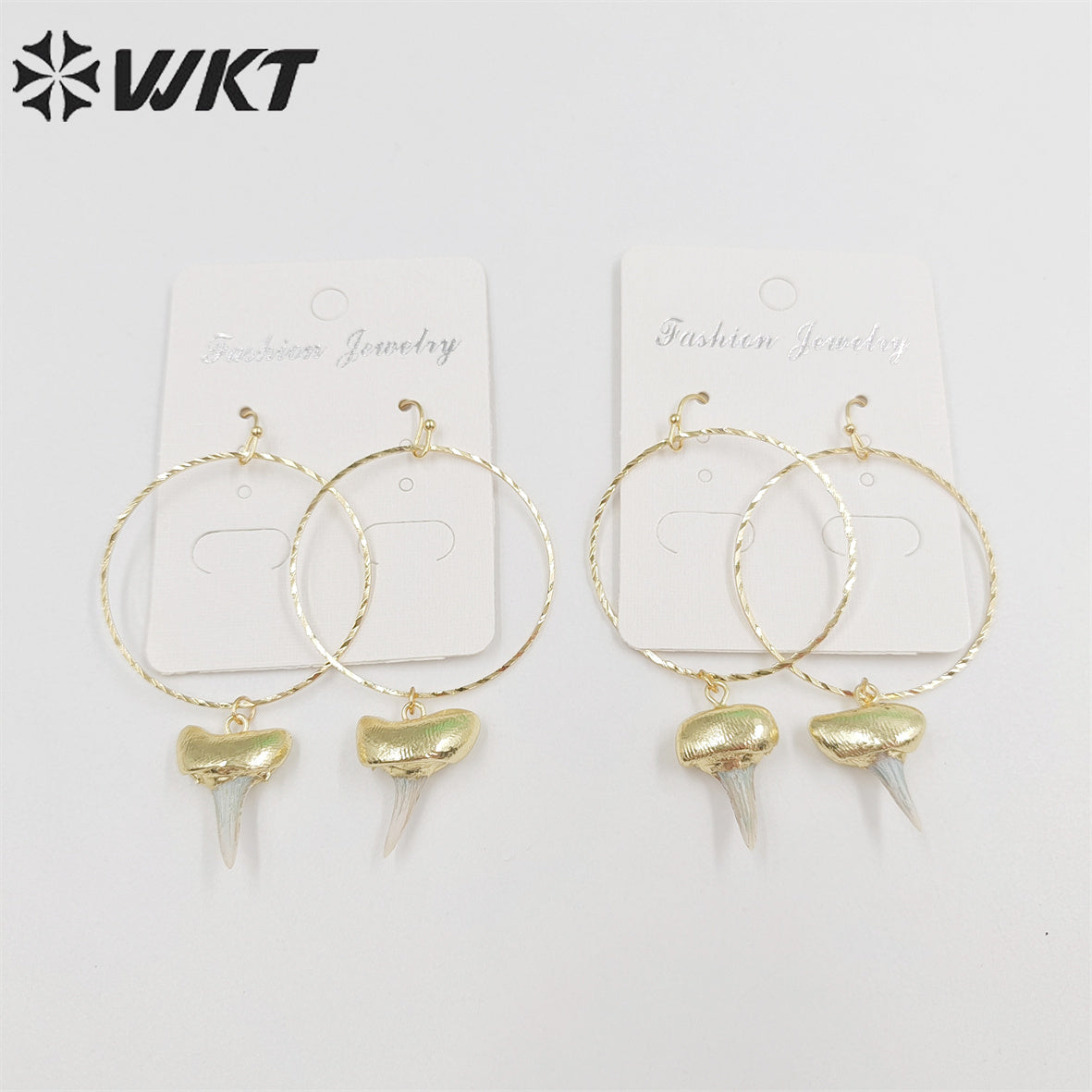 WKT-E676 Fashion Gold Plated Specimen Teeth Earrings Women Unique Big Hoop Dangle Shark Tooth Earrings
