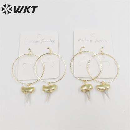WKT-E676 Fashion Gold Plated Specimen Teeth Earrings Women Unique Big Hoop Dangle Shark Tooth Earrings