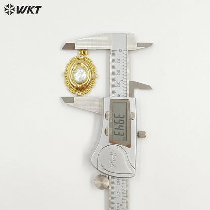 WT-JP455 Simple Design Back Full Gold Electroplated Natural Freshwater Pearl Round Pendants For Boutique Necklace Making