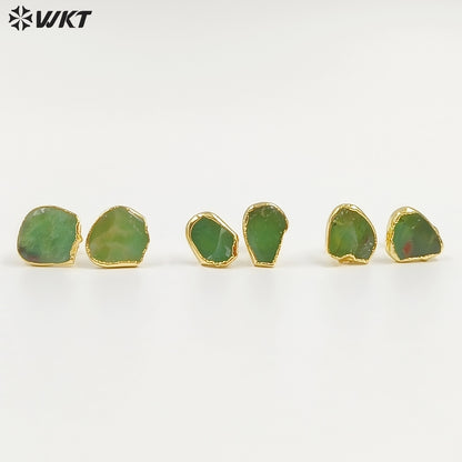WT-E263 Wholesale Natural Precious Chrysoprase Jade Studs Earrings, 24K Gold Plated Australia Chrysoprase Studs Earrings