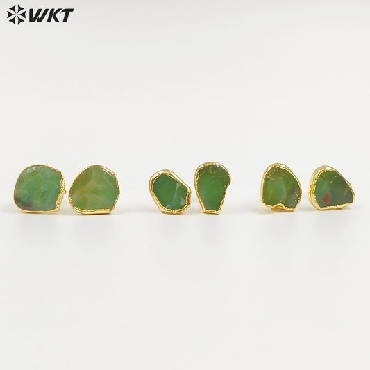 WT-E263 Wholesale Natural Precious Chrysoprase Jade Studs Earrings, 24K Gold Plated Australia Chrysoprase Studs Earrings