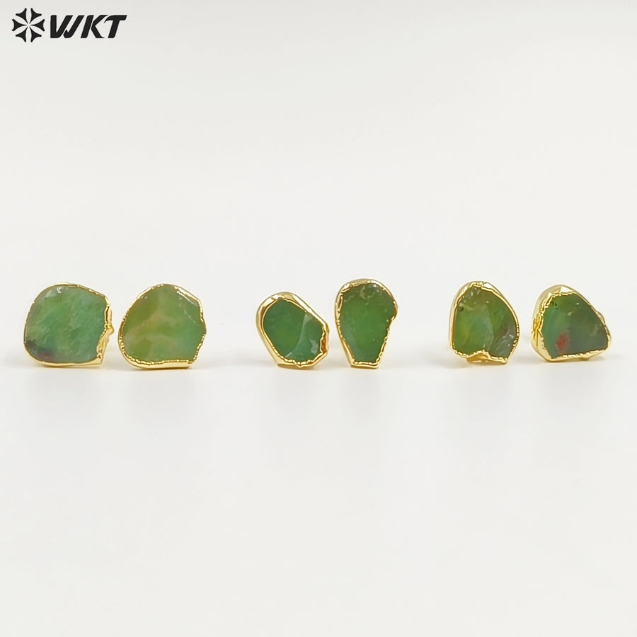 WT-E263 Wholesale Natural Precious Chrysoprase Jade Studs Earrings, 24K Gold Plated Australia Chrysoprase Studs Earrings