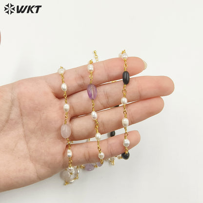 WT-JN246 Wholesale Vintage Pearl and Stone Natural 18k Chain Gold Plated Exquisite High Quality Beads Necklace