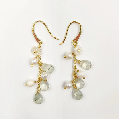 WT-MPE109 Bohemia Regular Natural Pearl and Stone 18k Gold Plated Gift for Women Weeding 62mm Romantic Pendant Earrings