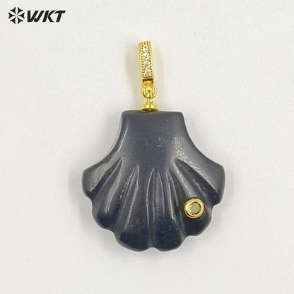 WT-P2097 Lovely Design Natural Gemstones And Colorful Zircon Hand Carved Shell Shape Little Pendants For Female Jewelry DIY