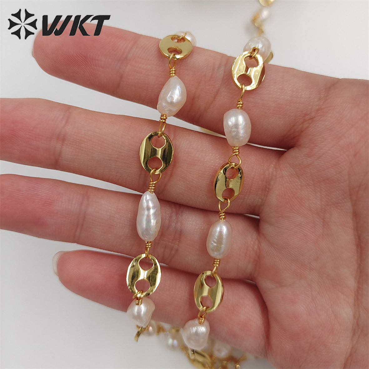 WT-RBC210 New Gold Electroplated Resist Tarnishable Freshwater Pearl Mixcure Chain for Jewelry Design Finding Bean Shape Chain