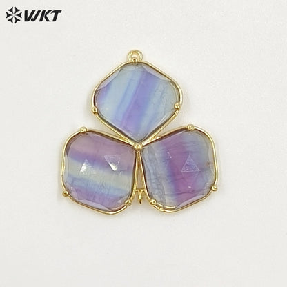WT-P2129 Beautiful Gold Electroplated Three Natural Gemstones Leaf Shape Pendants As Handmade Jewelry Decorative Findings