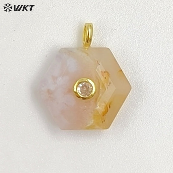 WT-P2060 Popular Trendy Round Zircon And Various Natural Gemstones Geometric Hexagon Pendants For Lady Necklace Handmade Jewelry
