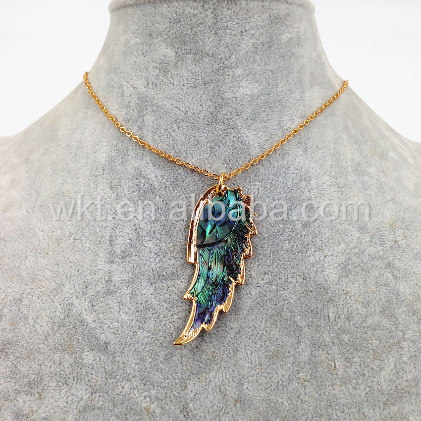 WT-N748 Exclusive Natural Abalone Feather Necklace, Fashion Handmade Carved Shell Feather Necklace