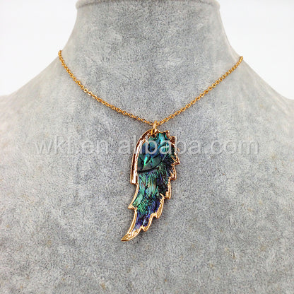 WT-N748 Exclusive Natural Abalone Feather Necklace, Fashion Handmade Carved Shell Feather Necklace