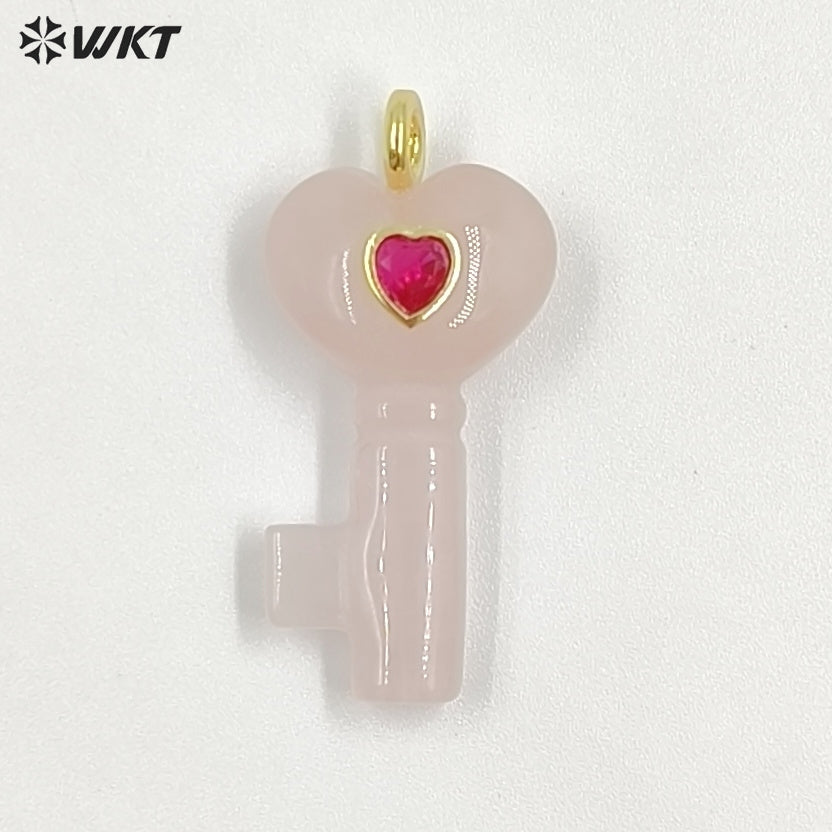 WT-P2057 New Fashion Heart Shape Colorful Zircon And Natural Gemstones Carved Key Pendants For Friend Lovely Gift Making