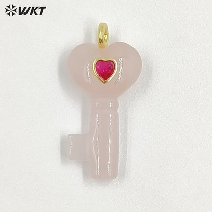 WT-P2057 New Fashion Heart Shape Colorful Zircon And Natural Gemstones Carved Key Pendants For Friend Lovely Gift Making