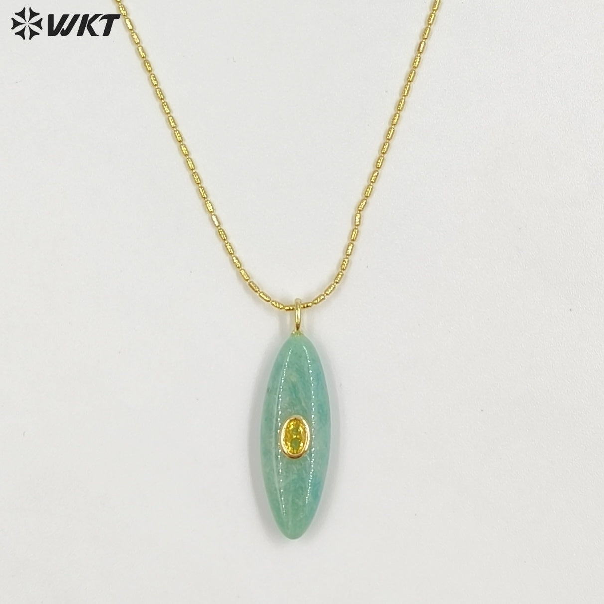 WT-N1509 High Quality Thin Chain Gold Electroplated Natural Gemstones With Zircon Long Oval Shape Pendant Necklaces As Lady Gift