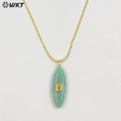 WT-N1509 High Quality Thin Chain Gold Electroplated Natural Gemstones With Zircon Long Oval Shape Pendant Necklaces As Lady Gift