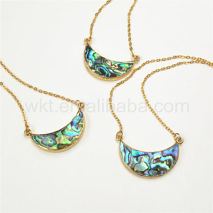 WT-N770 Newest Natural Gold Plated Abalone Crescent Moon Necklace, Hot Fashion Double Loops Abalone Crescent Moon Necklace