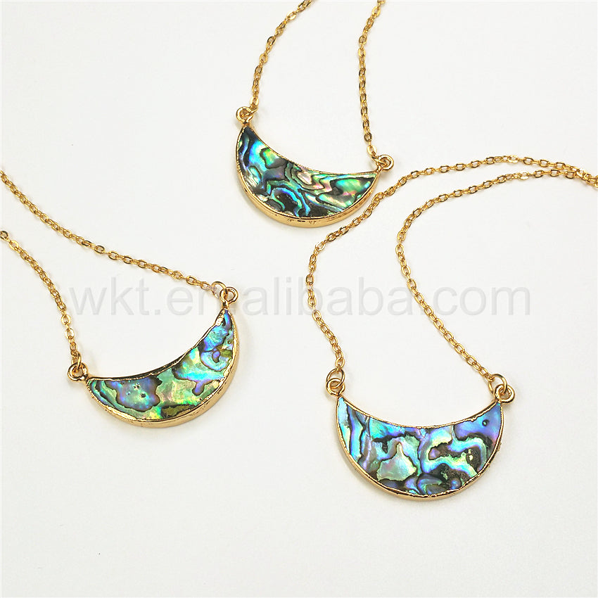 WT-N770 Newest Natural Gold Plated Abalone Crescent Moon Necklace, Hot Fashion Double Loops Abalone Crescent Moon Necklace