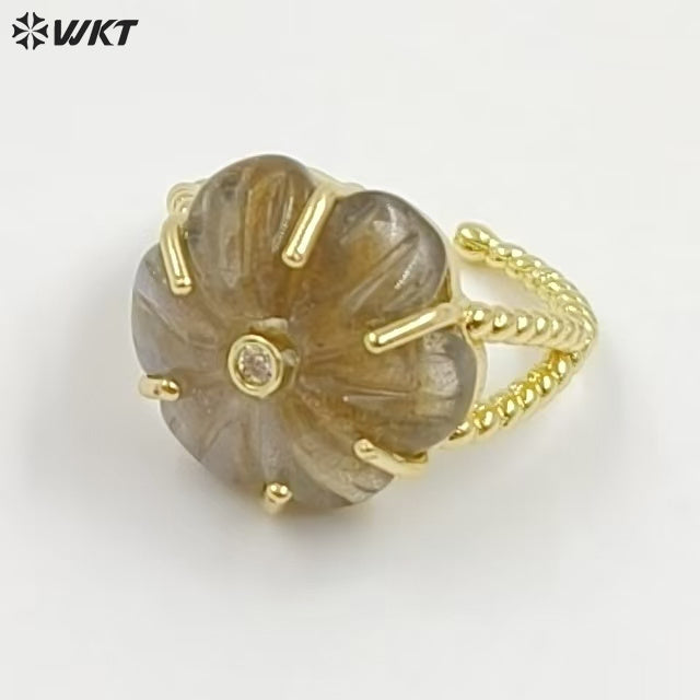 WT-R584 Wonderful Gold Plated Zircon And Natural Gemstones Lovely Flower Shape Adjustable Rings For Women Party Wearing Jewelry