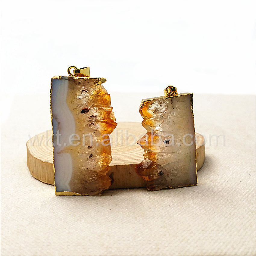 WT-P969 Natural Yellow Citrine Pendant Wholesale for Jewelry Making,high Quality Slice Yellow Citrine Pendant with Gold Plated