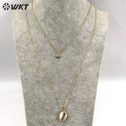 WT-JN174 New Design Fashion Gold Plated Double Layer Choker Necklace Natural White Shell Scallop Pendant Necklace Moon Necklace