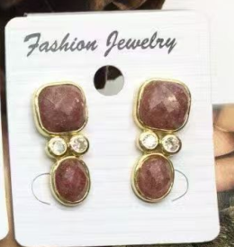 WT-E811 Modern Style Gold Plated Double Zircons And Natural Gemstones Square Oval Shape Women Earrings For Mother‘s Day Gifts