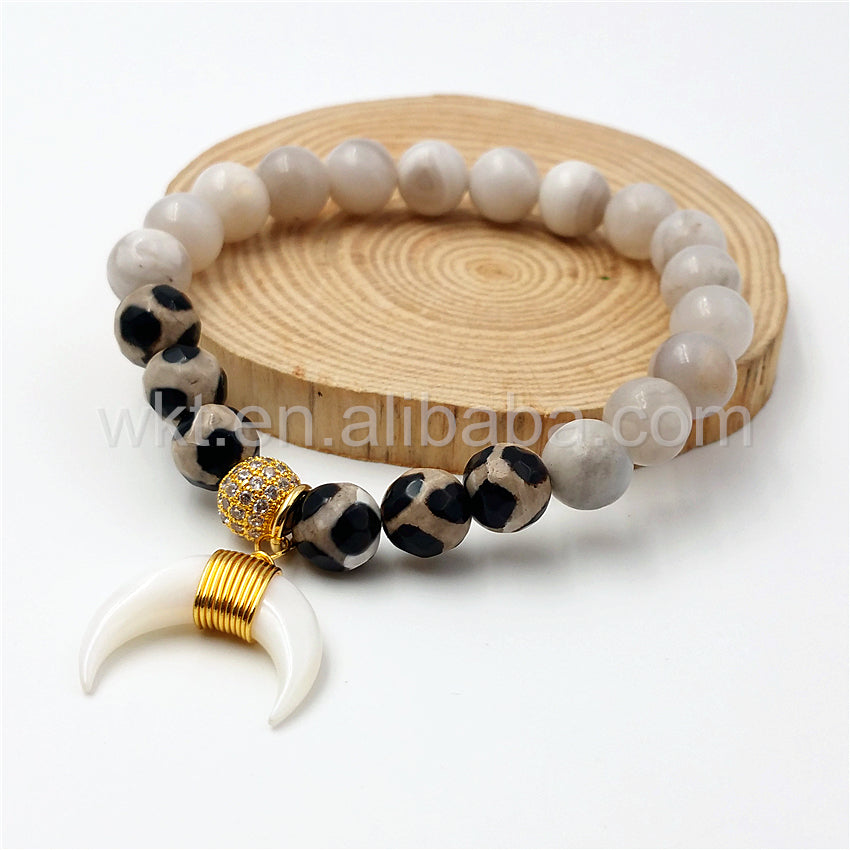 WT-B270 Genuine Natural Crescent Shell Horn Charm Grey Agate Beads Bracelet,Wire Wrapped Shell Bead Bracelet