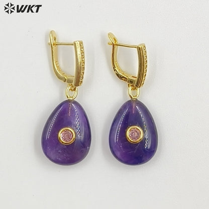 WT-E798 Beautiful Classic Gold Plated Natural Gemstones Setting In Zircon Waterdrop Shape Earrings As Lady Daily Decoration