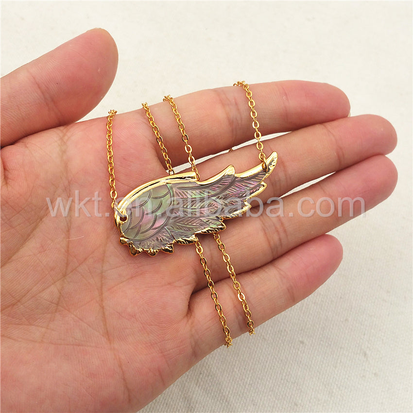 WT-N785 New Wholesale Genuine Shell Carved Feather Necklace, Fashion Gold Plated Double Loops Shell Feather Necklace