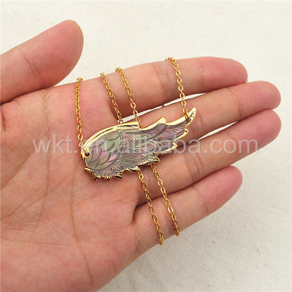 WT-N785 New Wholesale Genuine Shell Carved Feather Necklace, Fashion Gold Plated Double Loops Shell Feather Necklace