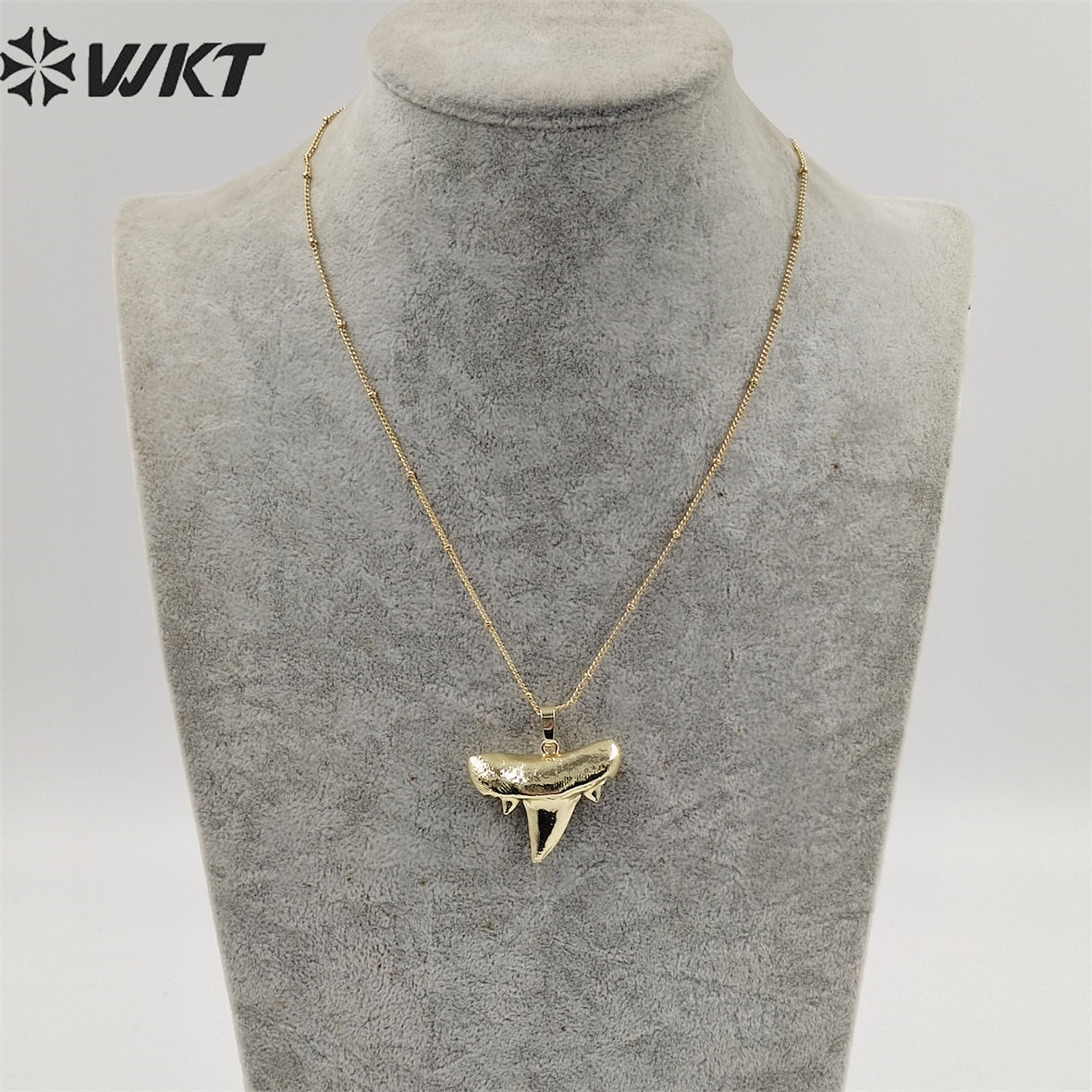 WT-N486 Wholesale Full Gold Electroplated Lovely Shark Teeth Necklace, Fashion Tiny Ball Bead Chain Shark Tooth Necklace