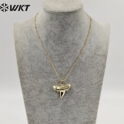 WT-N486 Wholesale Full Gold Electroplated Lovely Shark Teeth Necklace, Fashion Tiny Ball Bead Chain Shark Tooth Necklace
