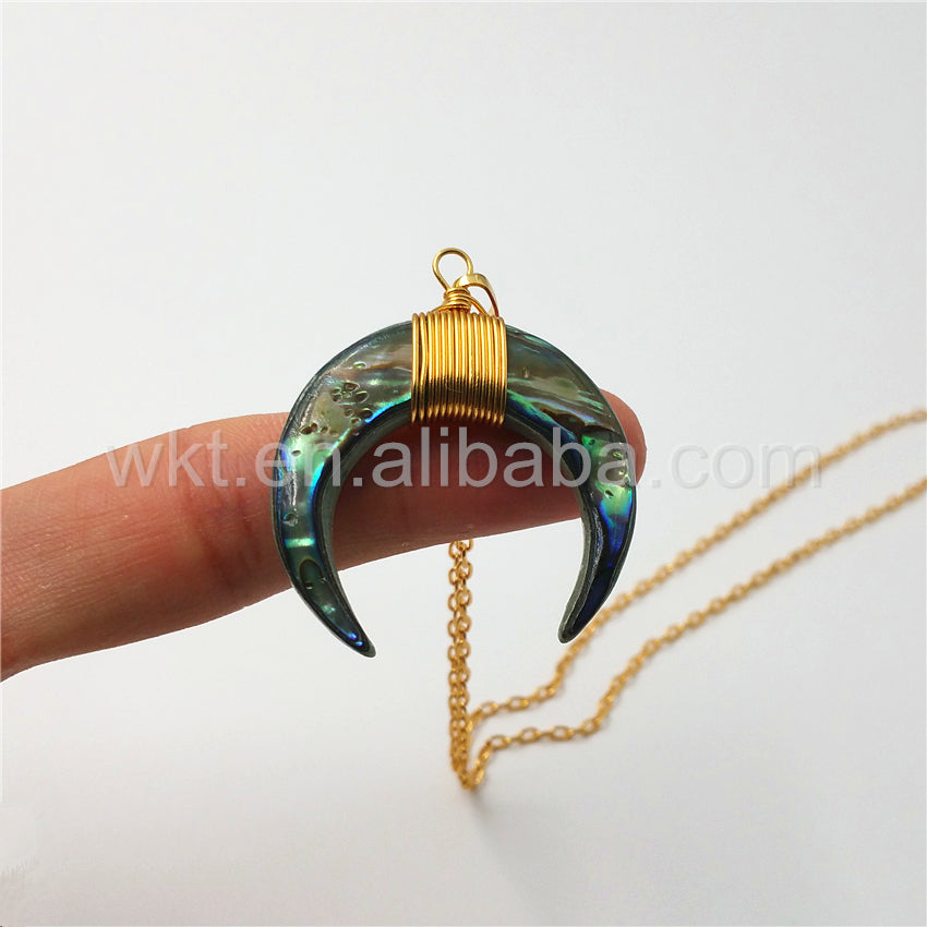 WT-N810 Wholesale Handmade Wire Wrapped Charm Abalone Shell Necklace Natural Crescent Abalone Shell Pendant Necklace
