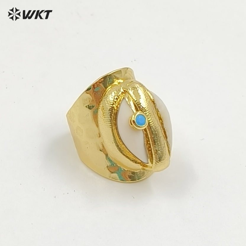 WT-R335 Wholesale Bohemian Style Cowrie Ring With Multicolor Beads in 18K Gold Plated Adjustable Natural Cowrie Shell Ring
