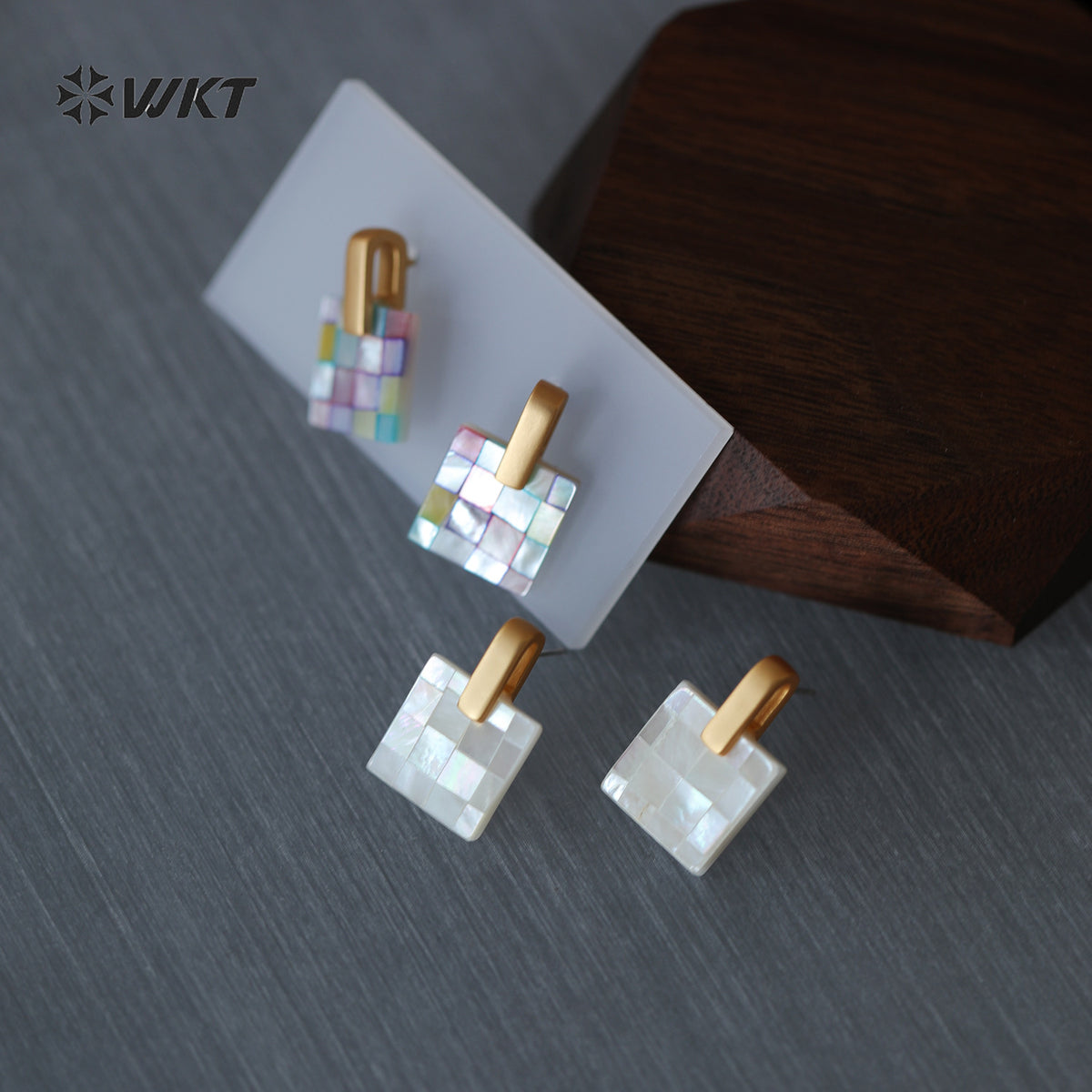 WT-MPE185 Exquisite Simple White And Colorful Splicing Square Mabe Shell Gold Earrings For Female Friends Jewelry Gift