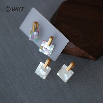 WT-MPE185 Exquisite Simple White And Colorful Splicing Square Mabe Shell Gold Earrings For Female Friends Jewelry Gift