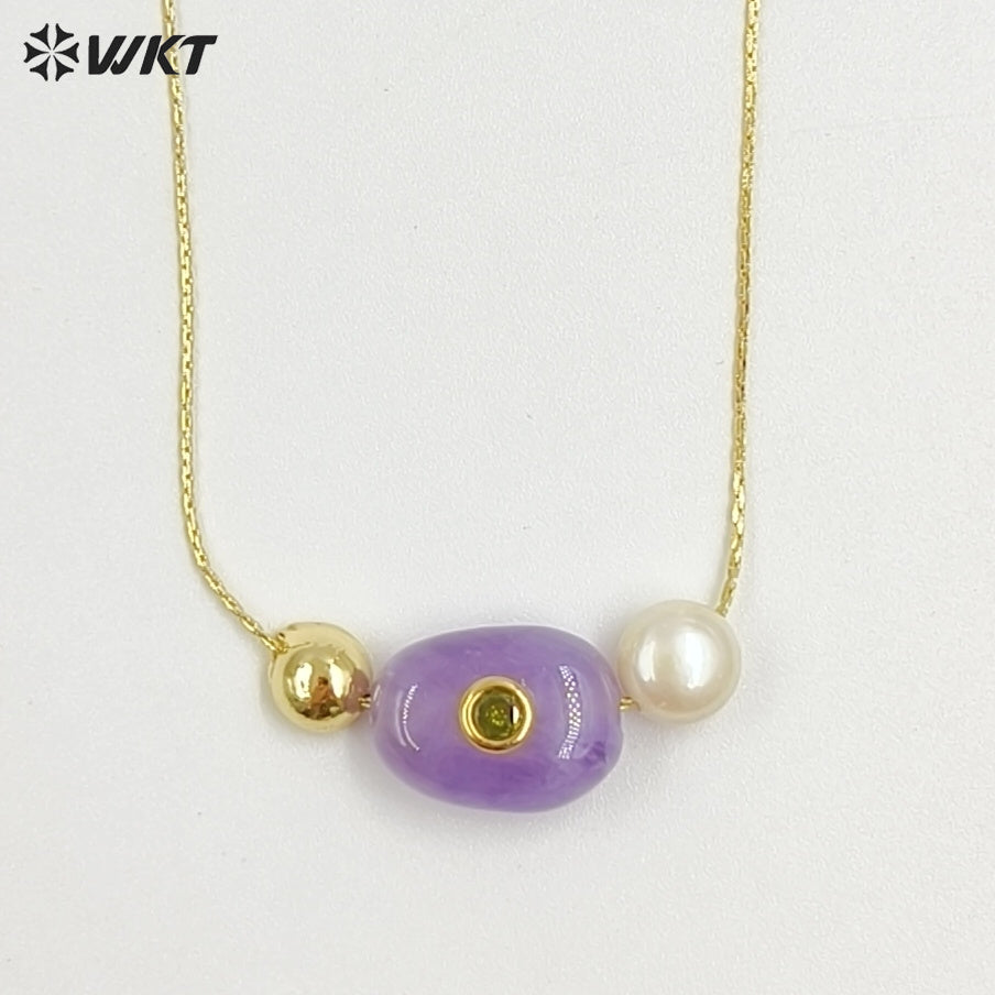 WT-N1541 Elegant Trendy Style Gold Electroplated Tiny Chain With Natural Gemstone And Pearl Pendant Necklace For Daily Wearing