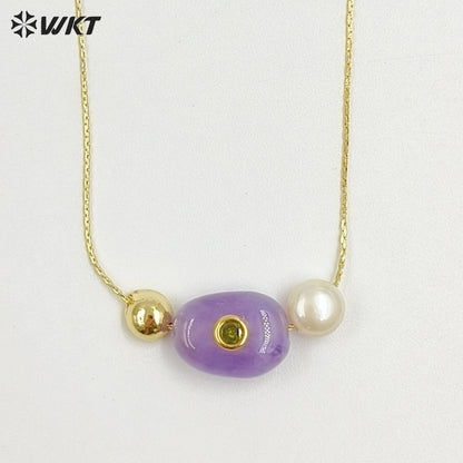 WT-N1541 Elegant Trendy Style Gold Electroplated Tiny Chain With Natural Gemstone And Pearl Pendant Necklace For Daily Wearing