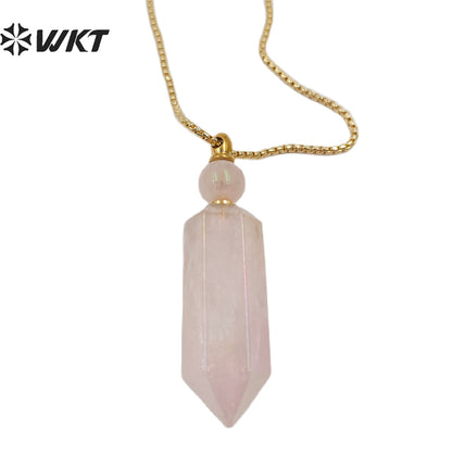 WT-N1369 Crystal Quartz Pink Crystal Hexagonal Prismatic Charming Pendant Necklace for Women Gifts Perfume Bottle Necklace