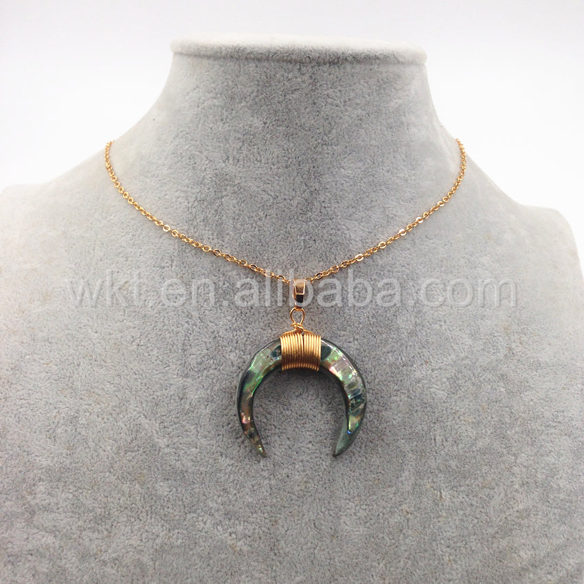 WT-N749 Big Amazing Natural Crescent Shell Necklace Handmade Wire Wrapped Gold Half Moon Crescent Shell Necklace